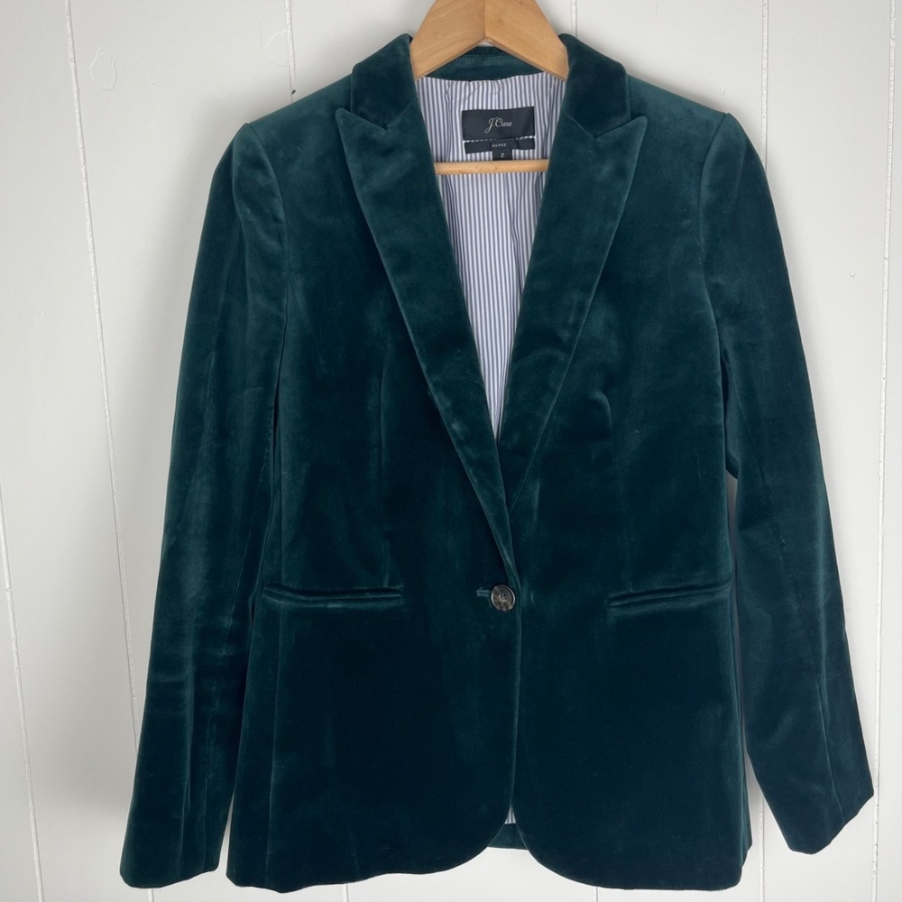 J Crew Womens Parke Velvet Blazer 2 Green Single Button Classic Preppy Luxe